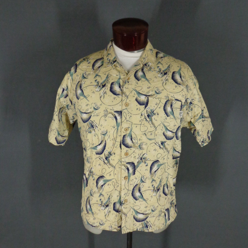 Vintage Yellow Swordfish Print Hawaiian Shirt  Med